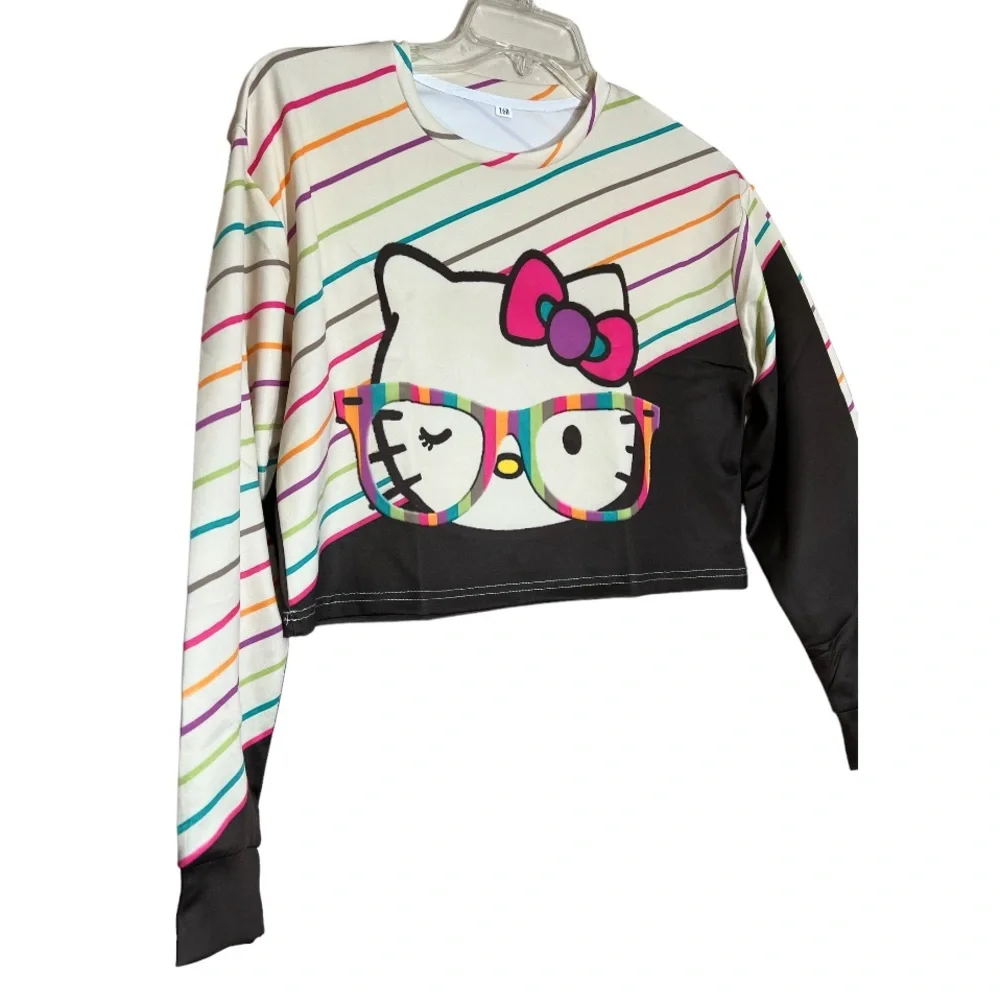 ❌SOLD❌Hello Kitty wearing glasses black ivory stripe long sleeve crop top medium - Picture 2 of 7